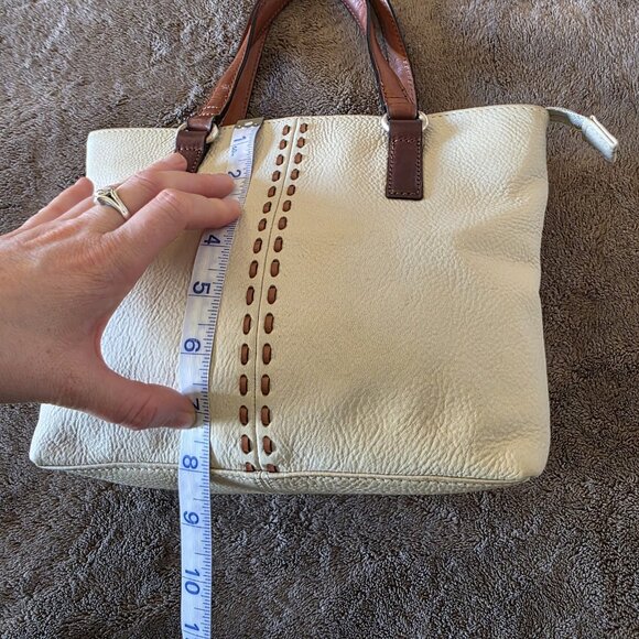 Fossil Pebbled Leather Tote Bag Cream Tan Zip Top Purse - Picture 15 of 16